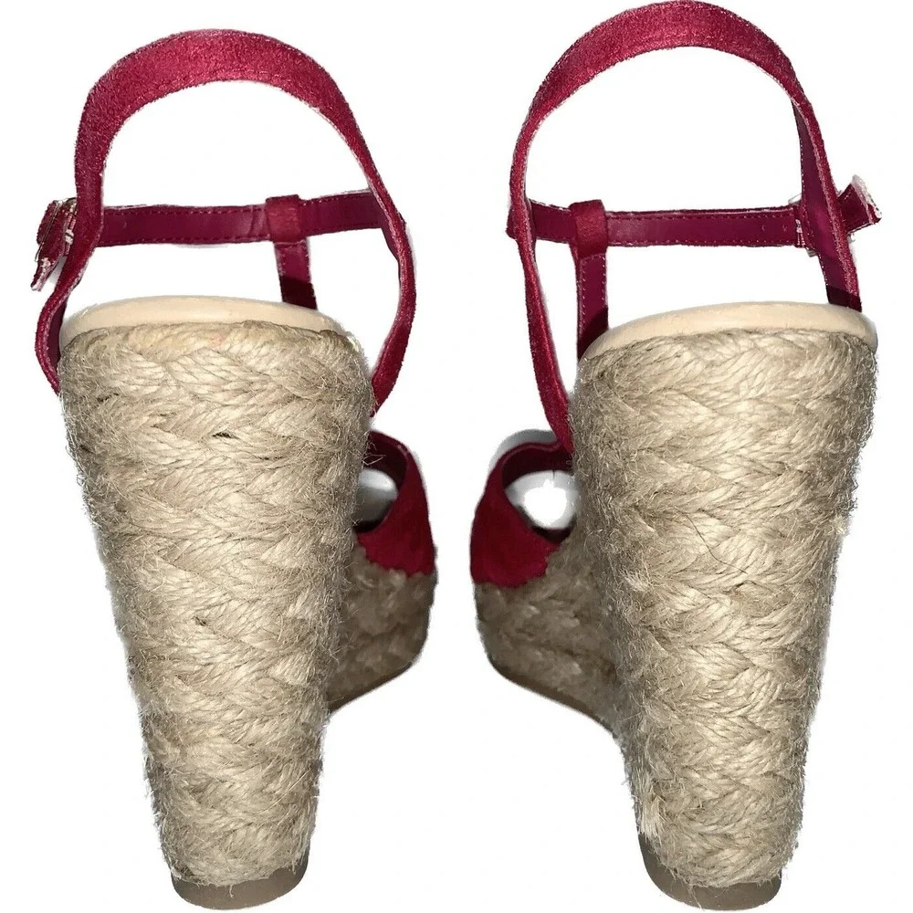 Wedge Sandals T-Strap Espadrille Platform Ankle Buckle Closure Women Size 9 Pink